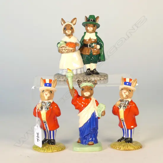 4 DOULTON BUNNYKINS FIGS: UNCLE SAM (2), PILGRIM, STATUE OF LIBERTY