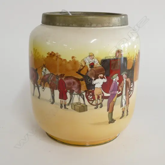 ROYAL DOULTON CARRIAGE SCENE BISCUIT BARREL - LID ABSENT