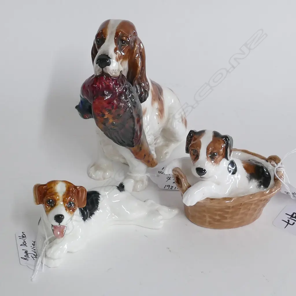 3 ROYAL DOULTON DOG FIGURINES; TERRIER IN BASKET, TERRIER & DOG WITH PHESANT Image 1++