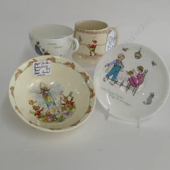 5 ROYAL DOULTON NURSERY-WARE PCES; NURSERY RHYMES CUP, BUNNYKINS BOWL, TOM TUCKER CUP & SAUCER