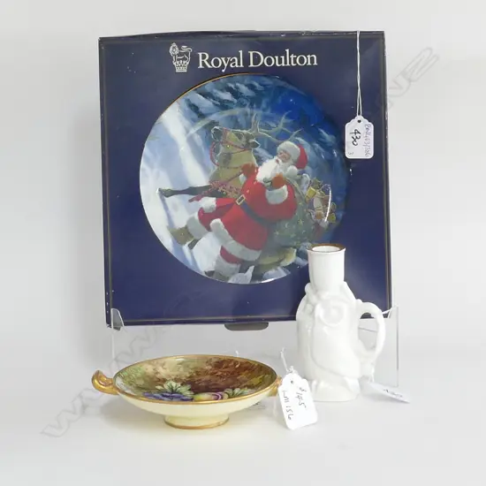 3 PCES ROYAL DOULTON; CANDLEHOLDER, HAND PAINTED FRUIT DISH, BOXED XMAS PLATE