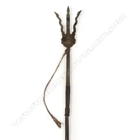 An Indo-Persian trident spear, steel inlaid with yellow and white brass,