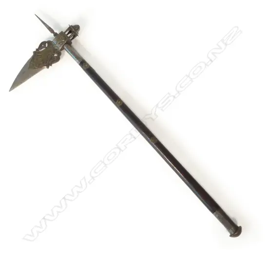 A South Indian 'crow-beaked' war axe (zaghnal), heavy steel head pierced and chiseled with decoration,