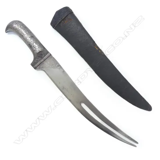 An unusual 19thC Indian kard dagger with curved bifurcated blade,