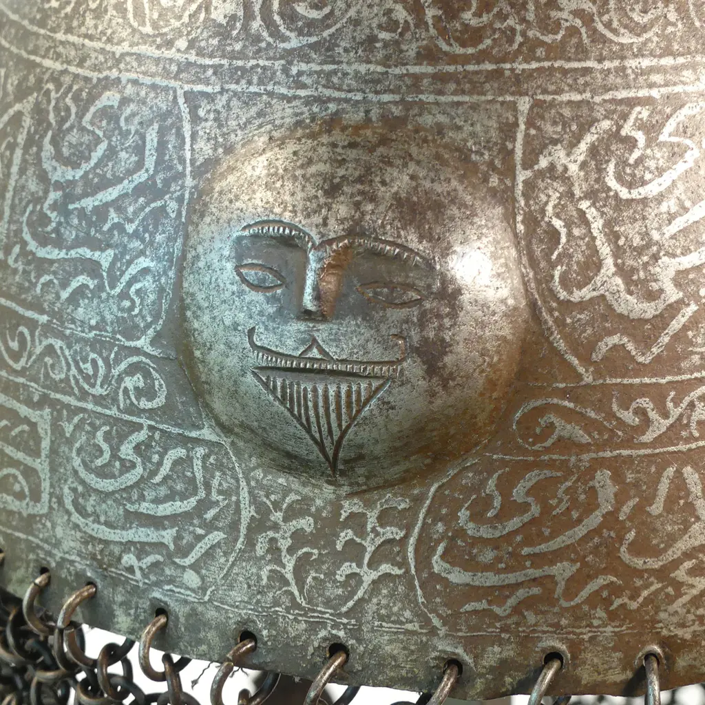 A good 19thC Persian Qajar iron helmet with square spike finial, nasal bar and plume holders, Image 1++
