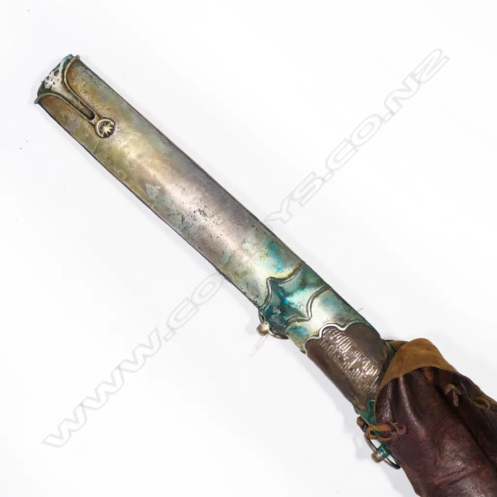 A 18th/19thC Ottoman kilig with leather wrapped wooden scabbard, golden inlaid blade, Image 1++