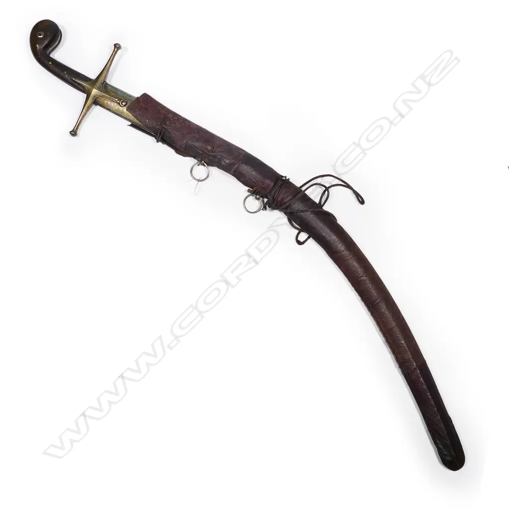 A 18th/19thC Ottoman kilig with leather wrapped wooden scabbard, golden inlaid blade, Image 1++