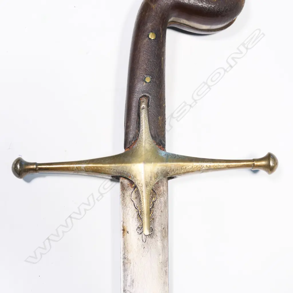 A 18th/19thC Ottoman kilig with leather wrapped wooden scabbard, golden inlaid blade, Image 1++