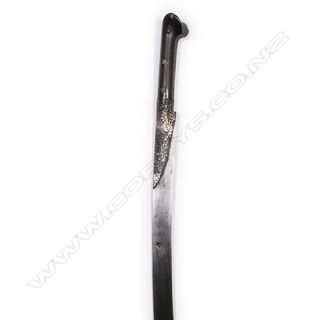 A 19thC Turkish yataghan sword with black leather scabbard, silver mounts, Image 1++