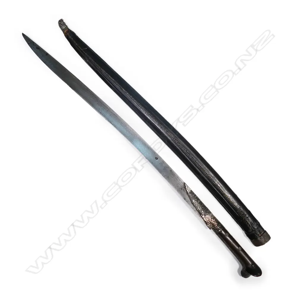A 19thC Turkish yataghan sword with black leather scabbard, silver mounts, Image 1++