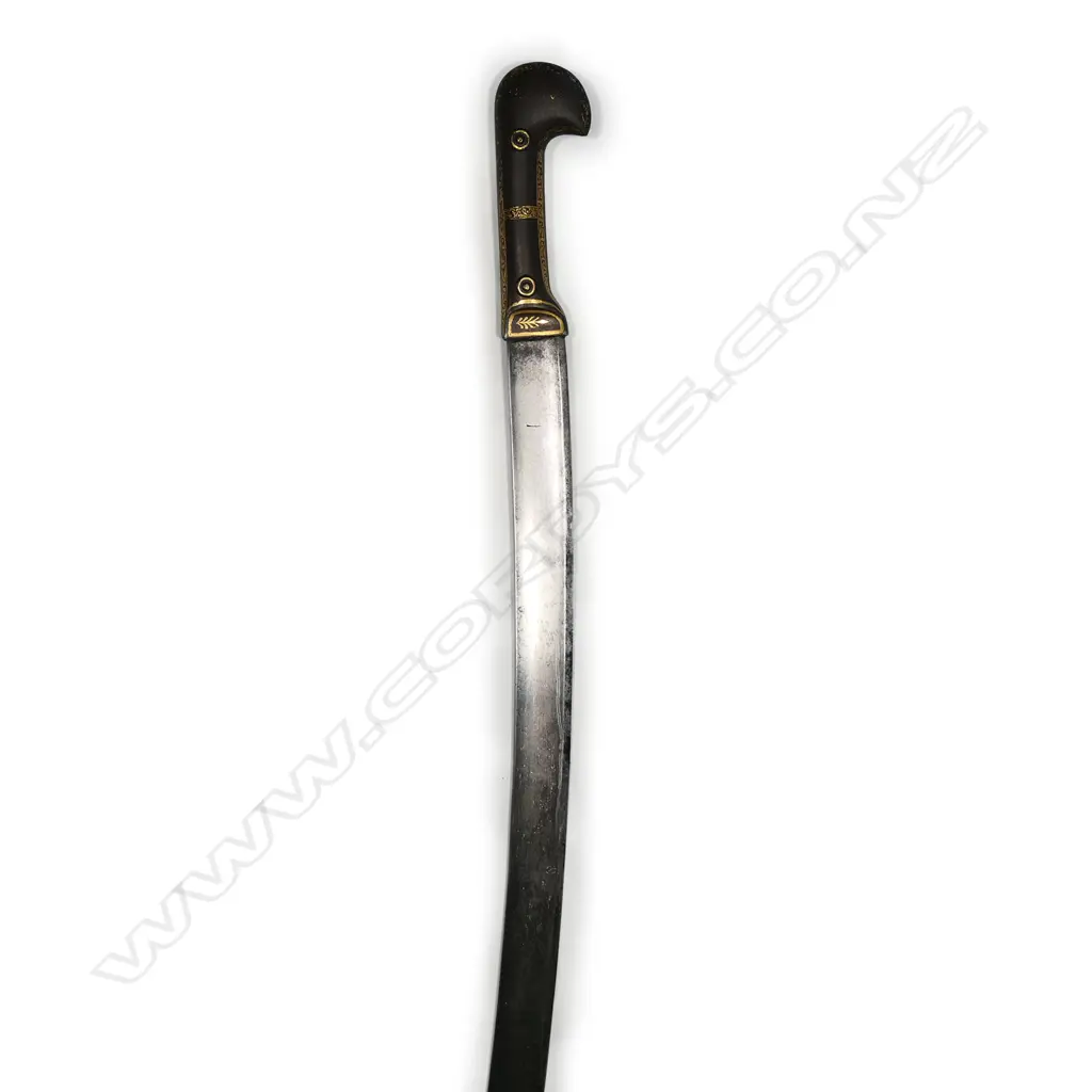 A Circassian shashka sabre, North West Caucasus region, with hook shaped pommel with deep groove, the hilt and fittings with gold damascene work, Image 1++