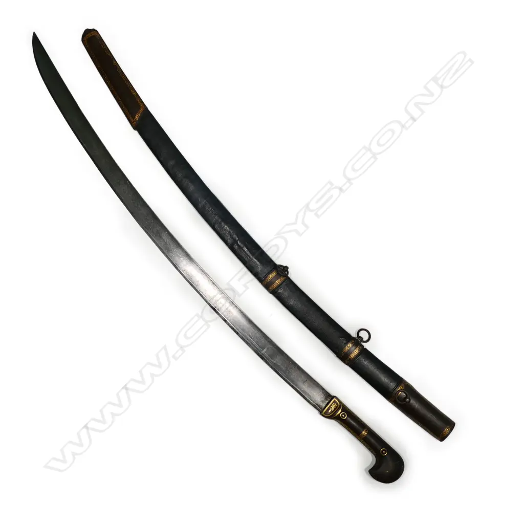 A Circassian shashka sabre, North West Caucasus region, with hook shaped pommel with deep groove, the hilt and fittings with gold damascene work, Image 1++