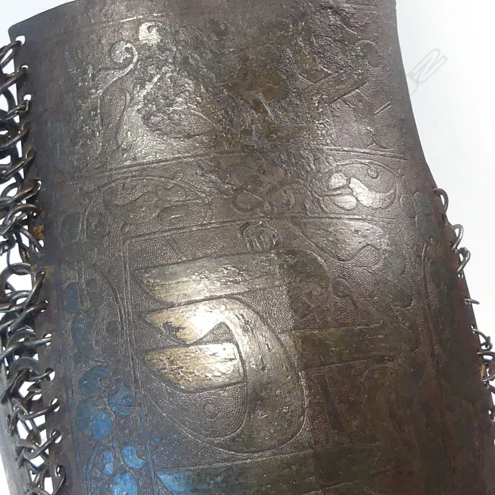 A 15th/17thC Ottoman / Persian Safavid defence for the left leg (greave), of three plates of steel connected by links of solid and riveted chainmail Image 1++