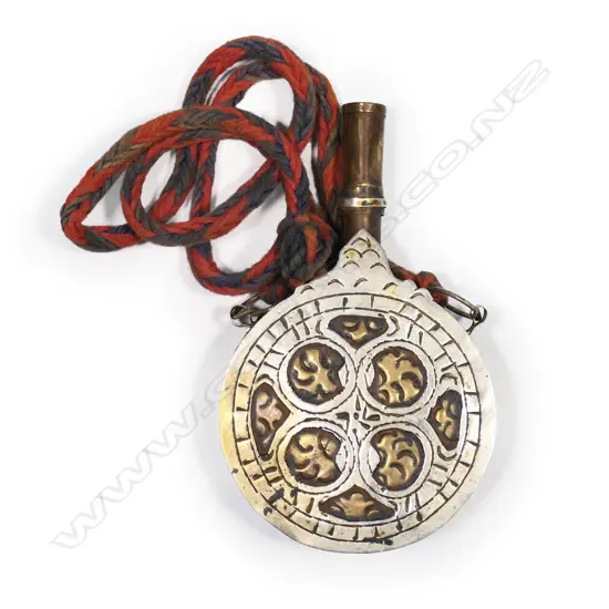 A North African or Turkish round gunpowder flask,