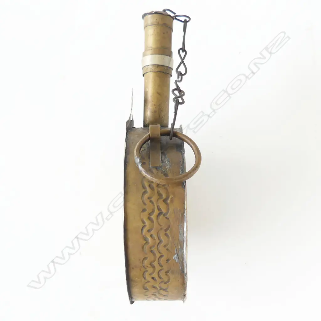 A Turkish round gunpowder flask, yellow and white brass, c.1840. Image 1++