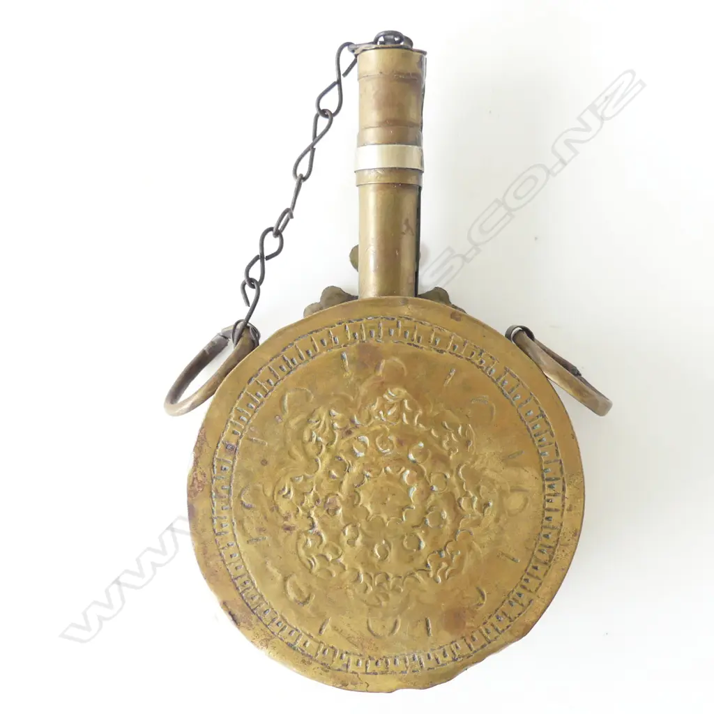 A Turkish round gunpowder flask, yellow and white brass, c.1840. Image 1++