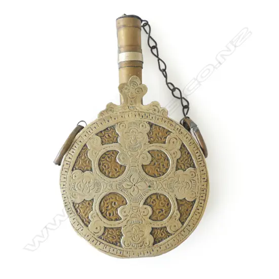 A Turkish round gunpowder flask, yellow and white brass, c.1840.