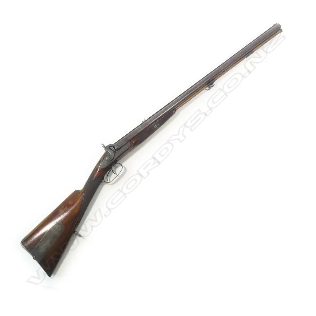 A good, 19thC heavy double barrel muzzle loading percussion cape gun, 39 x 15 bore, by Pryse & Redman, London, (see footnote 1). In brass bound mahogany case. Image 1++
