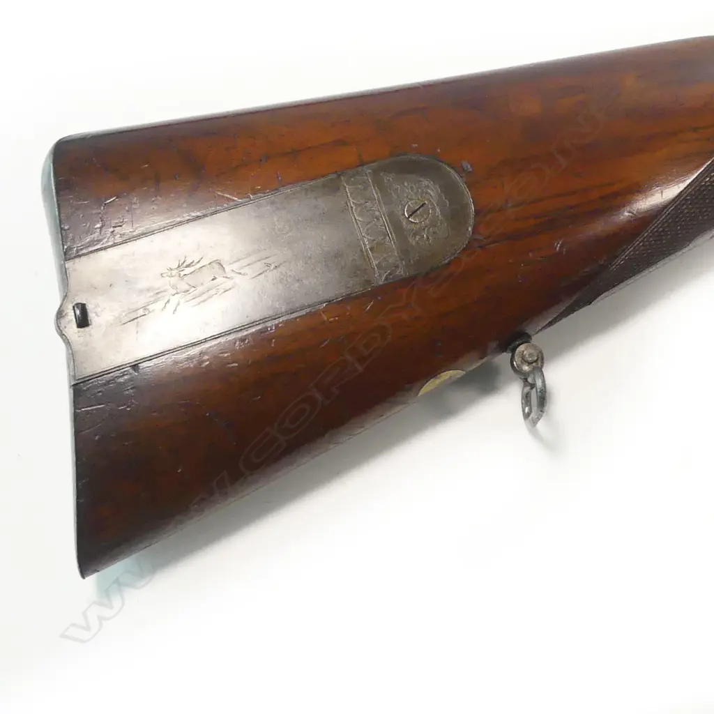 A good, 19thC heavy double barrel muzzle loading percussion cape gun, 39 x 15 bore, by Pryse & Redman, London, (see footnote 1). In brass bound mahogany case. Image 1++