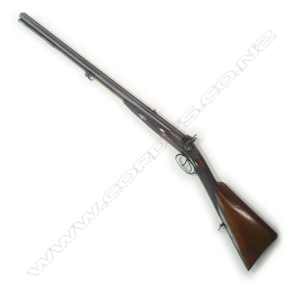 A good, 19thC heavy double barrel muzzle loading percussion cape gun, 39 x 15 bore, by Pryse & Redman, London, (see footnote 1). In brass bound mahogany case. Image 1++