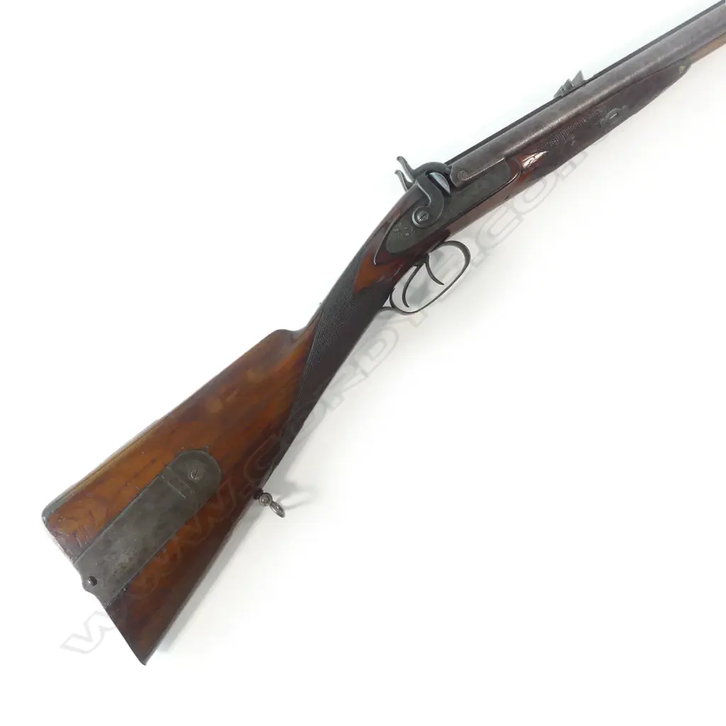 A good, 19thC heavy double barrel muzzle loading percussion cape gun, 39 x 15 bore, by Pryse & Redman, London, (see footnote 1). In brass bound mahogany case. Image 1++