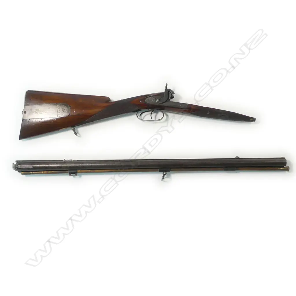 A good, 19thC heavy double barrel muzzle loading percussion cape gun, 39 x 15 bore, by Pryse & Redman, London, (see footnote 1). In brass bound mahogany case. Image 1++