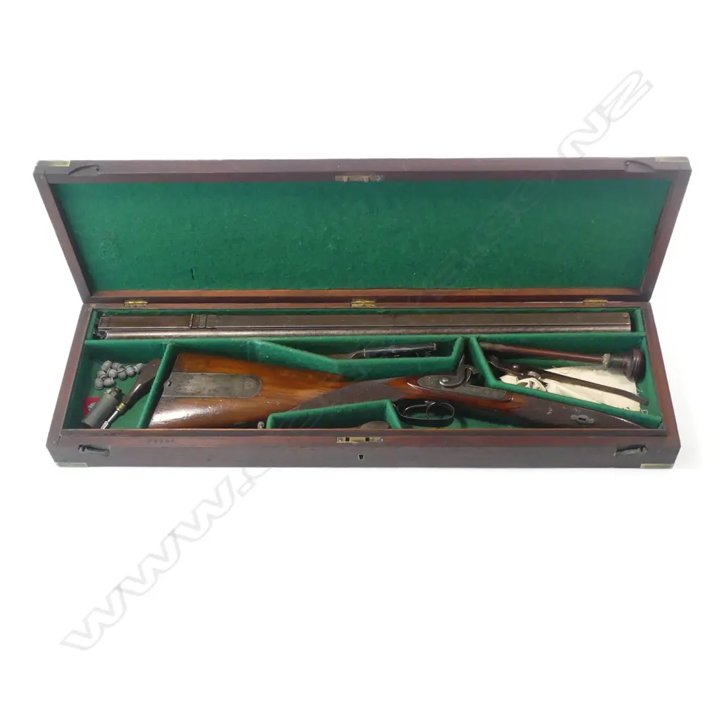 A good, 19thC heavy double barrel muzzle loading percussion cape gun, 39 x 15 bore, by Pryse & Redman, London, (see footnote 1). In brass bound mahogany case. Image 1++