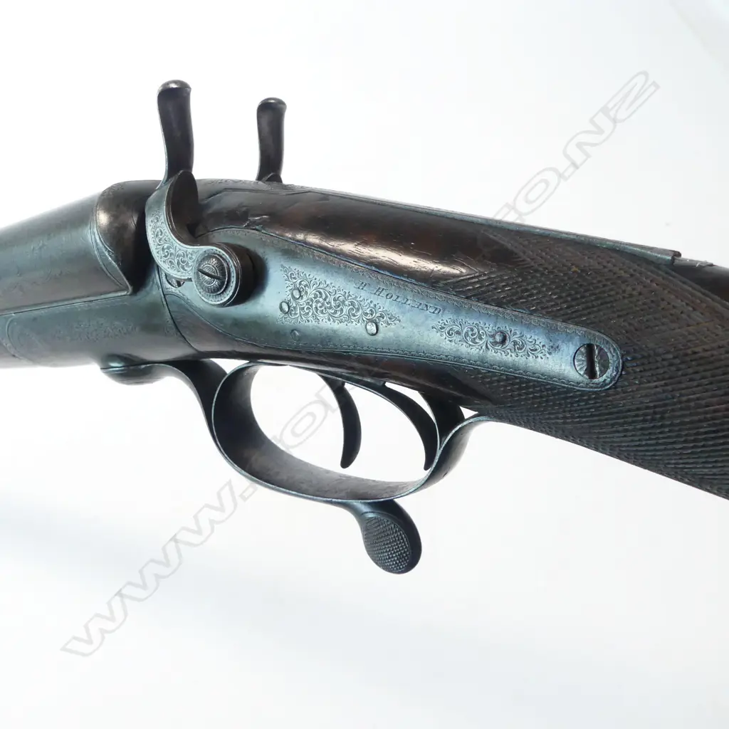 A late 19thC 12 bore double barrel underlever shotgun by Henry Holland, (with NZ connections), in leather case, Image 1++