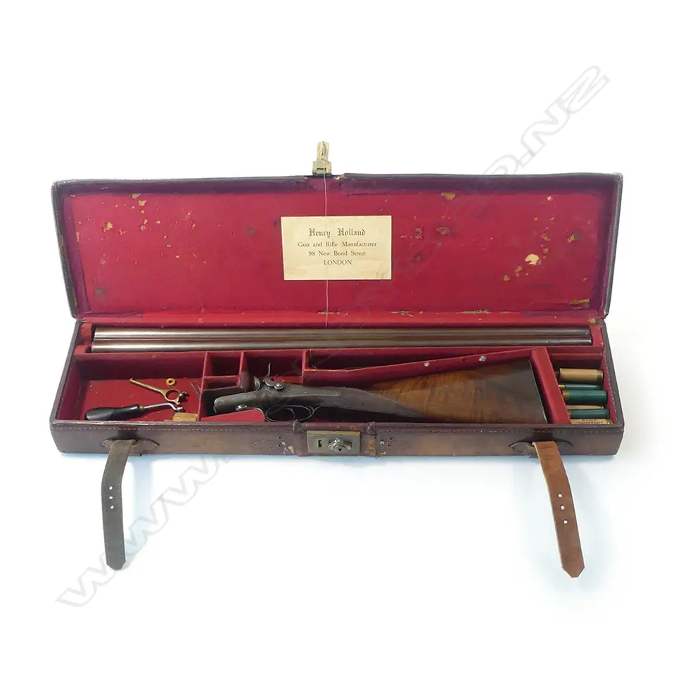 A late 19thC 12 bore double barrel underlever shotgun by Henry Holland, (with NZ connections), in leather case, Image 1++