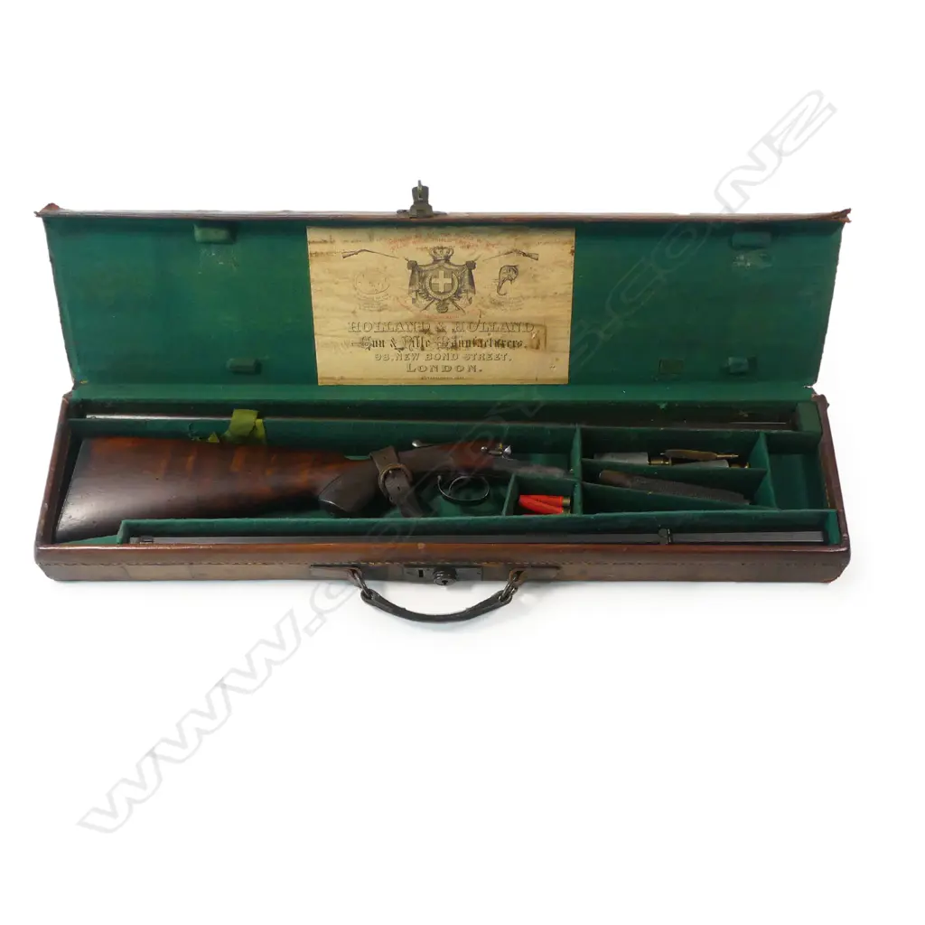 A Holland & Holland Patent hammerless rook rifle, cal 297-260, with extra 410 barrel, in leather case, Image 1++
