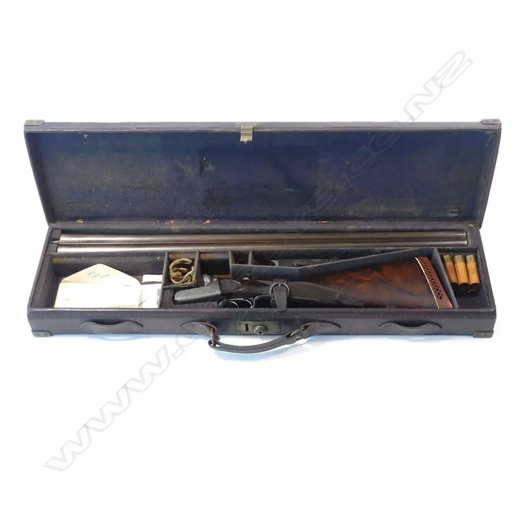 A 12 bore, hammerless double barrel shotgun by Enos James & Co. With leather case, Image 1++