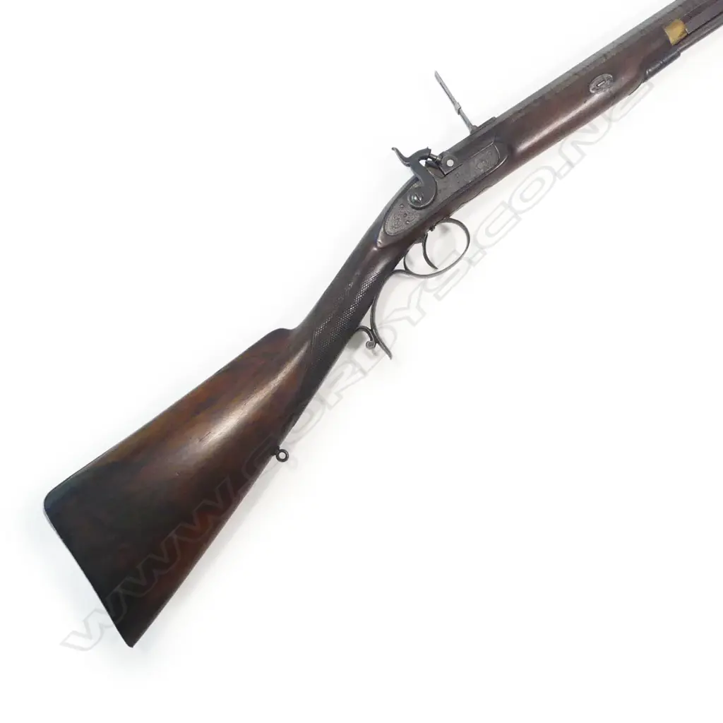 A  mid-19thC .50 cal smoothbore muzzle loading percussion rifle with spare 20 bore shotgun barrel, by Clayton of Lymington. In baize lined fitted oak case with accessories. Image 1++