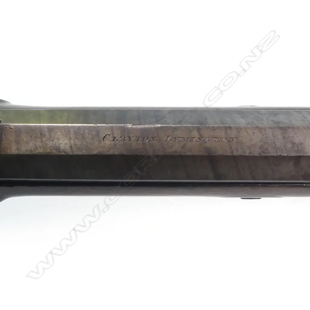 A  mid-19thC .50 cal smoothbore muzzle loading percussion rifle with spare 20 bore shotgun barrel, by Clayton of Lymington. In baize lined fitted oak case with accessories. Image 1++