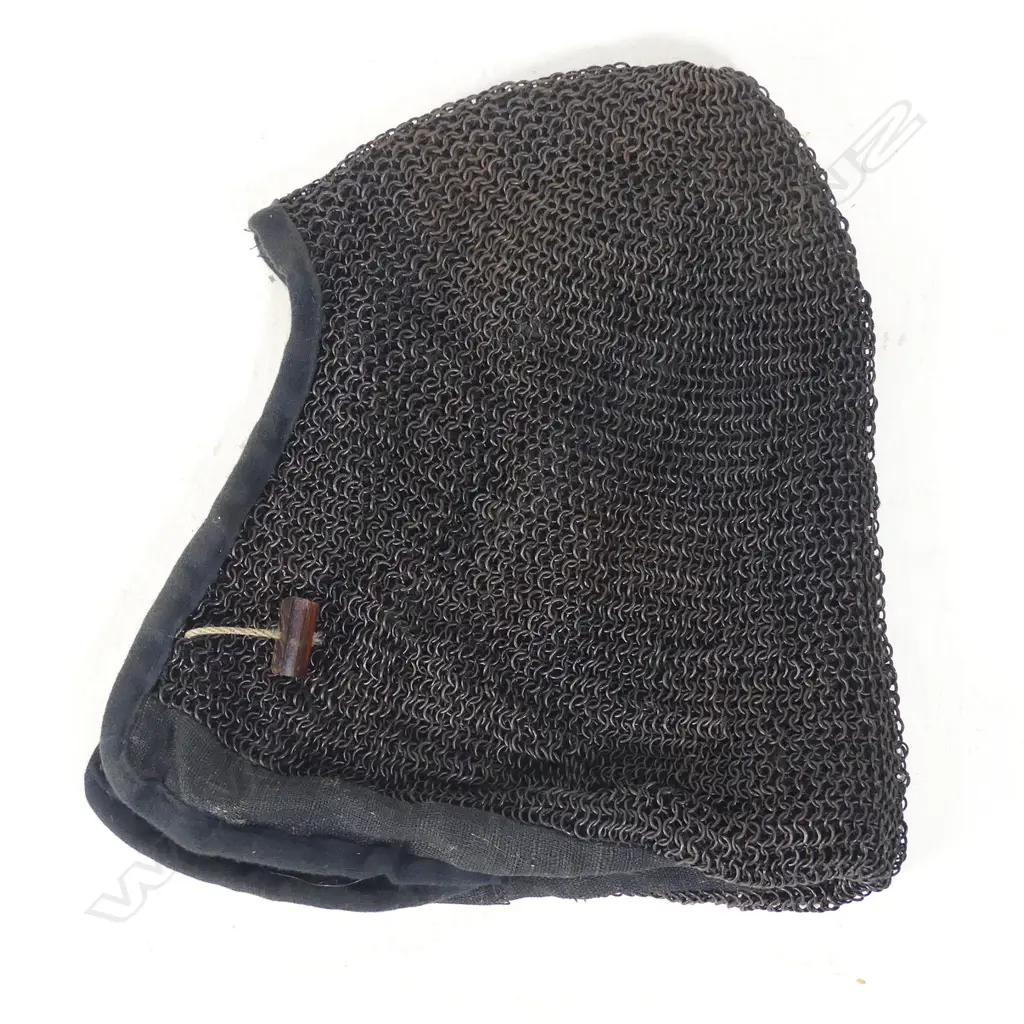 A Japanese Edo Period 1800s mail shirt and hood helmet (kusari), each formed of padded dyed blue fabric and covered with mail of butted links, Image 1++