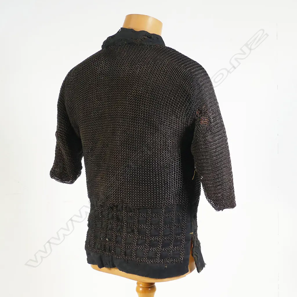 A Japanese Edo Period 1800s mail shirt and hood helmet (kusari), each formed of padded dyed blue fabric and covered with mail of butted links, Image 1++