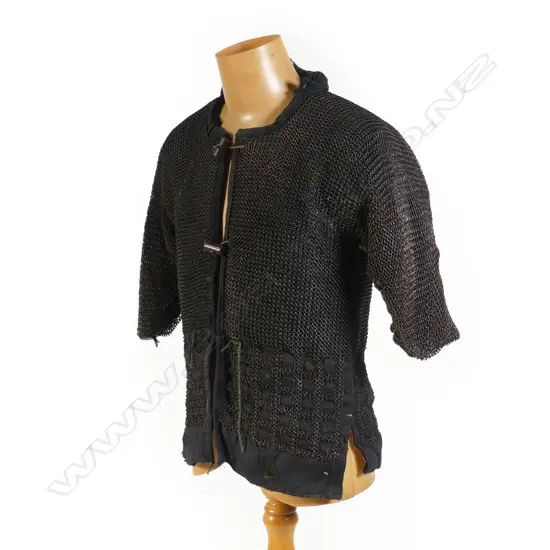 A Japanese Edo Period 1800s mail shirt and hood helmet (kusari), each formed of padded dyed blue fabric and covered with mail of butted links,