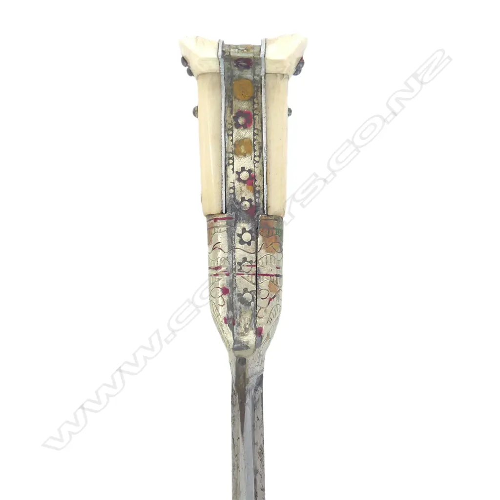 A Persian pesh kabz dagger and scabbard, the  8” long T-backed blade with some rust areas, Image 1++