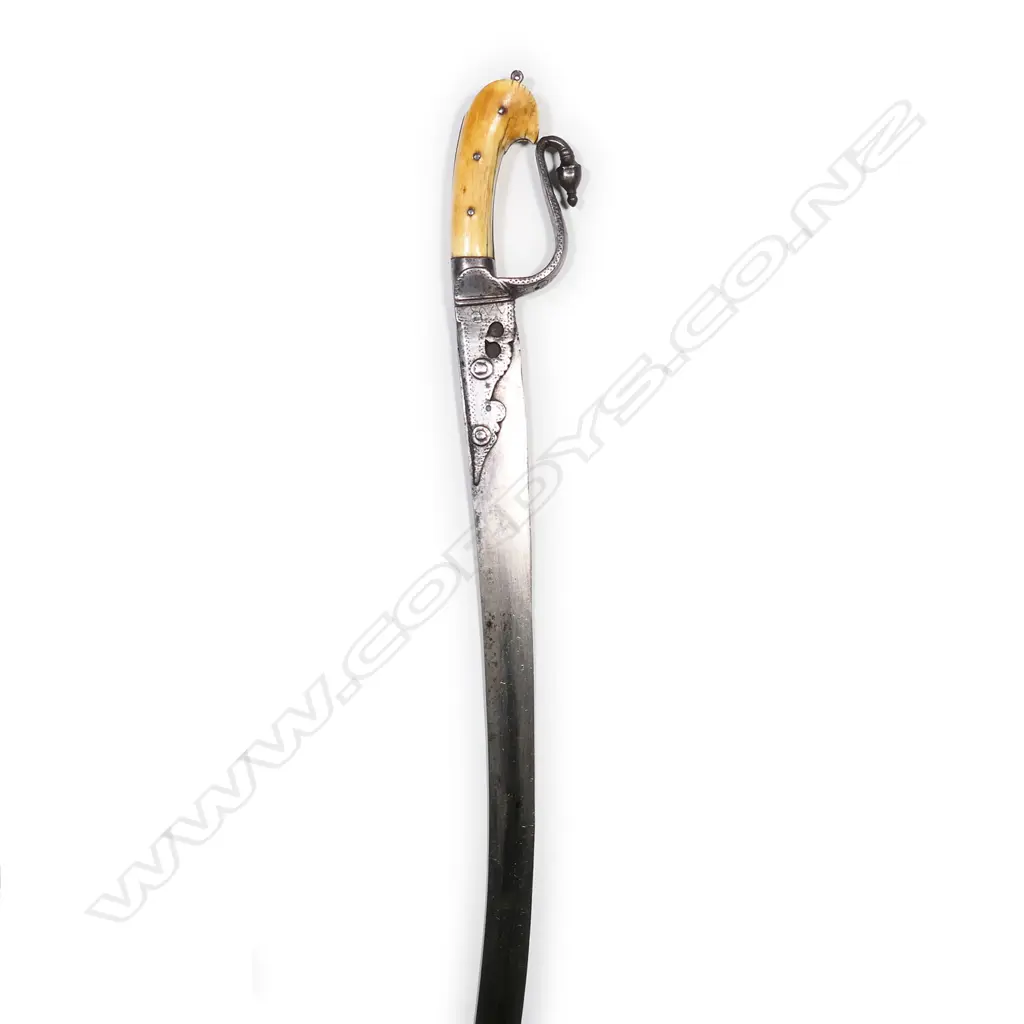 An 18thC Indo-Persian sword with ivory hooked grips, serpentine steel guard with quillon finial, Image 1++
