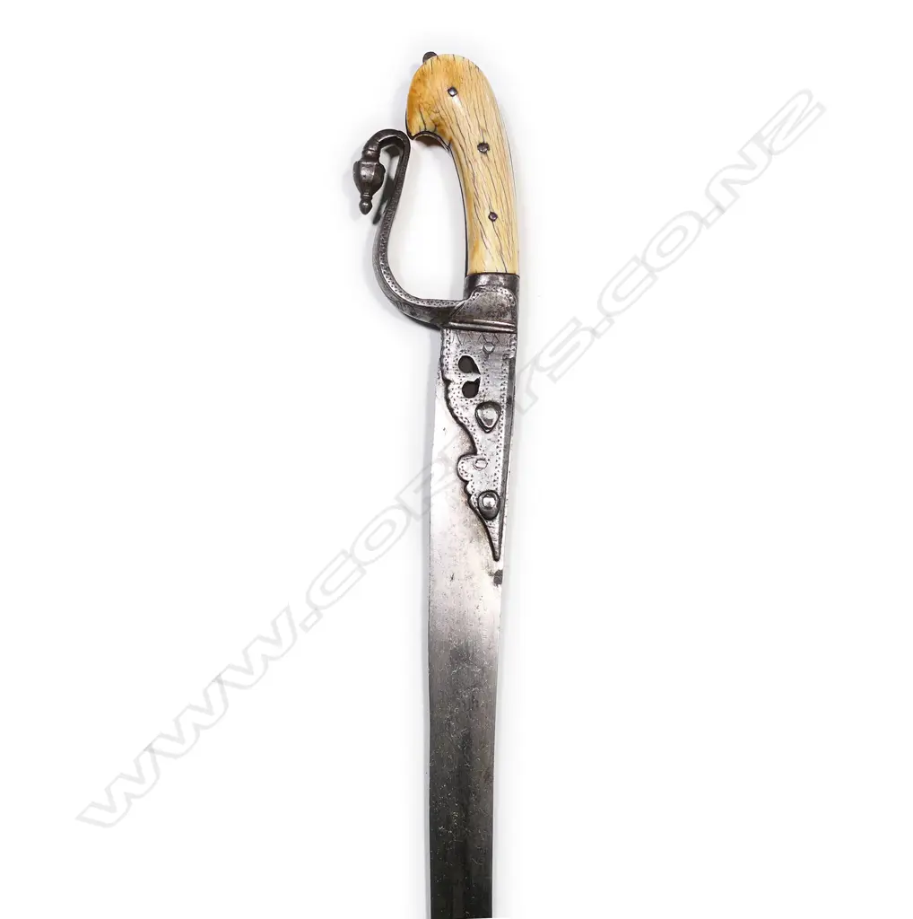 An 18thC Indo-Persian sword with ivory hooked grips, serpentine steel guard with quillon finial, Image 1++