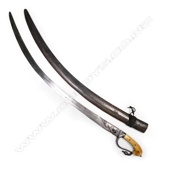 An 18thC Indo-Persian sword with ivory hooked grips, serpentine steel guard with quillon finial,