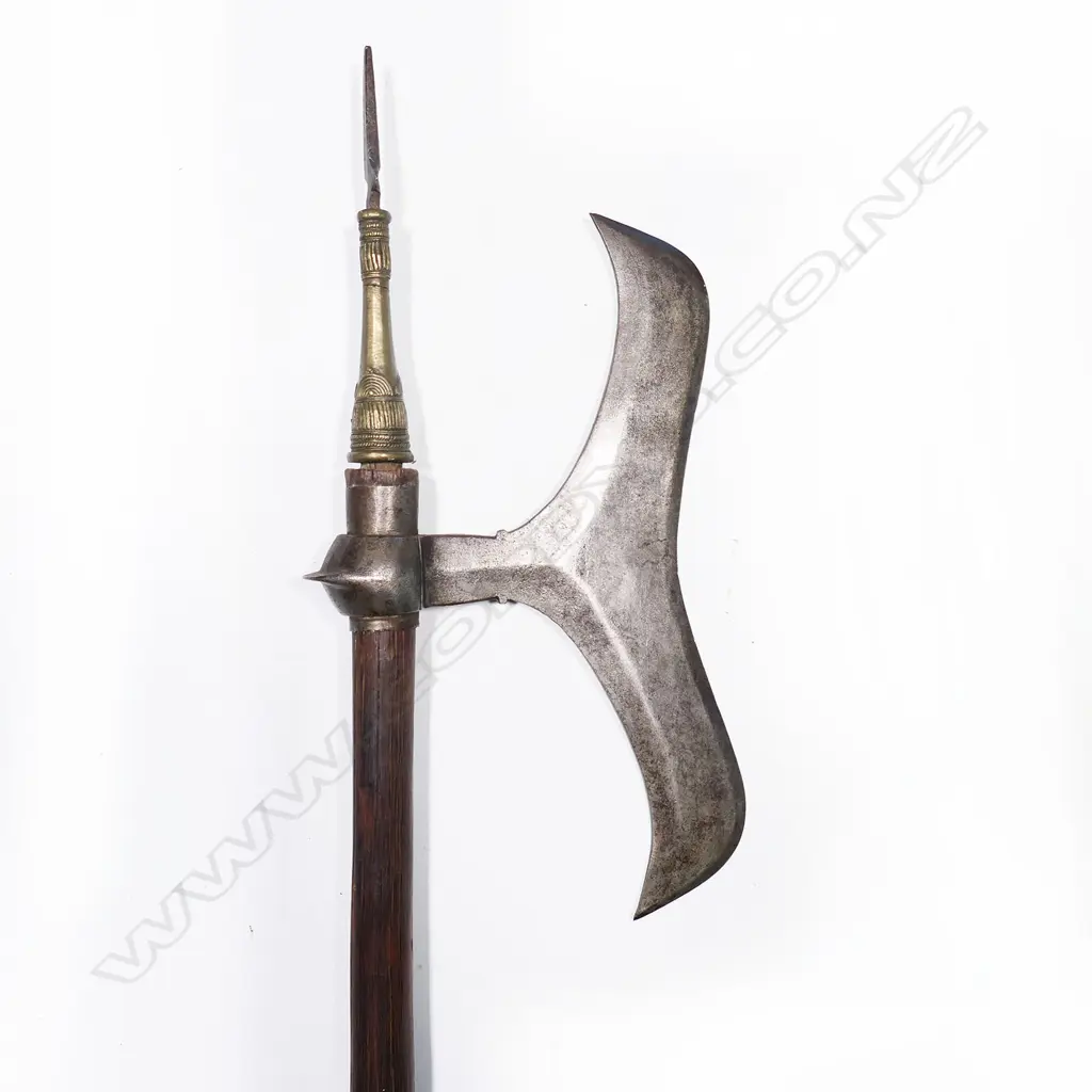 An Indian axe with steel blade, decorated and brass mounted spike, wooden shaft and brass pommel. L.1016mm. Image 1++