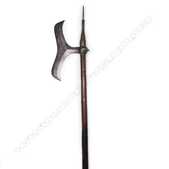 An Indian axe with steel blade, decorated and brass mounted spike, wooden shaft and brass pommel. L.1016mm.