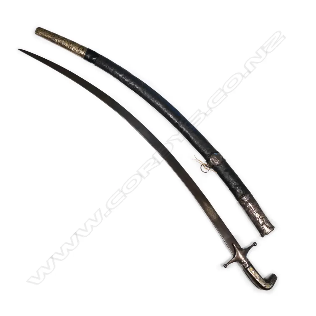 A 19thC Indo-Persian shamshir, the curved steel blade etched with Arabic cartouche, Image 1++