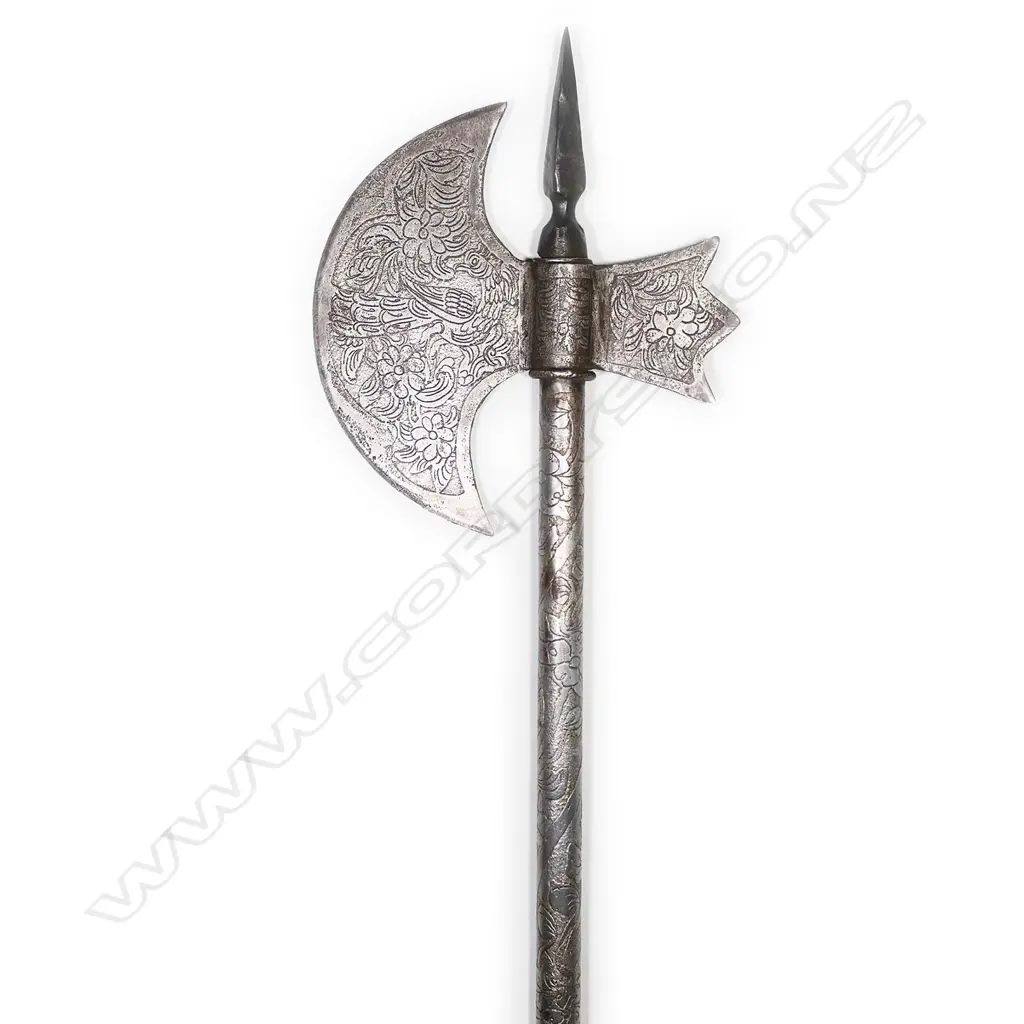 An Indo-Persian all-steel axe decorated all over with vines, flowers, and peacocks on blade, Image 1++