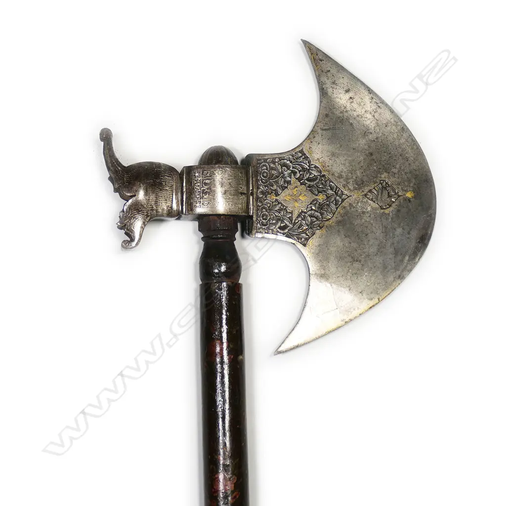 An Indo-Persian all-steel axe decorated all over with vines, flowers, and peacocks on blade, Image 1++