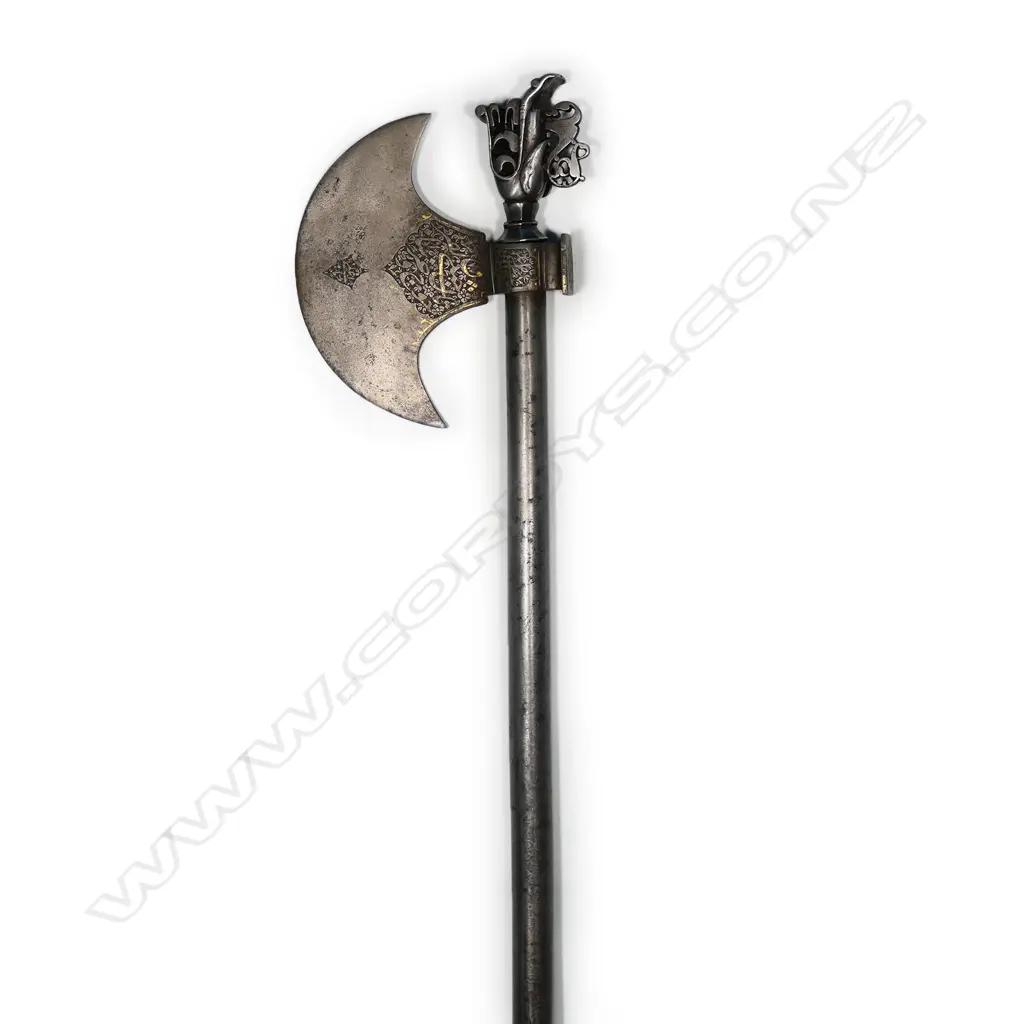 A heavy Indo-Persian battle axe (tabar), the crescent shape blade with inlaid inscriptions, hammer-head poll; Image 1++