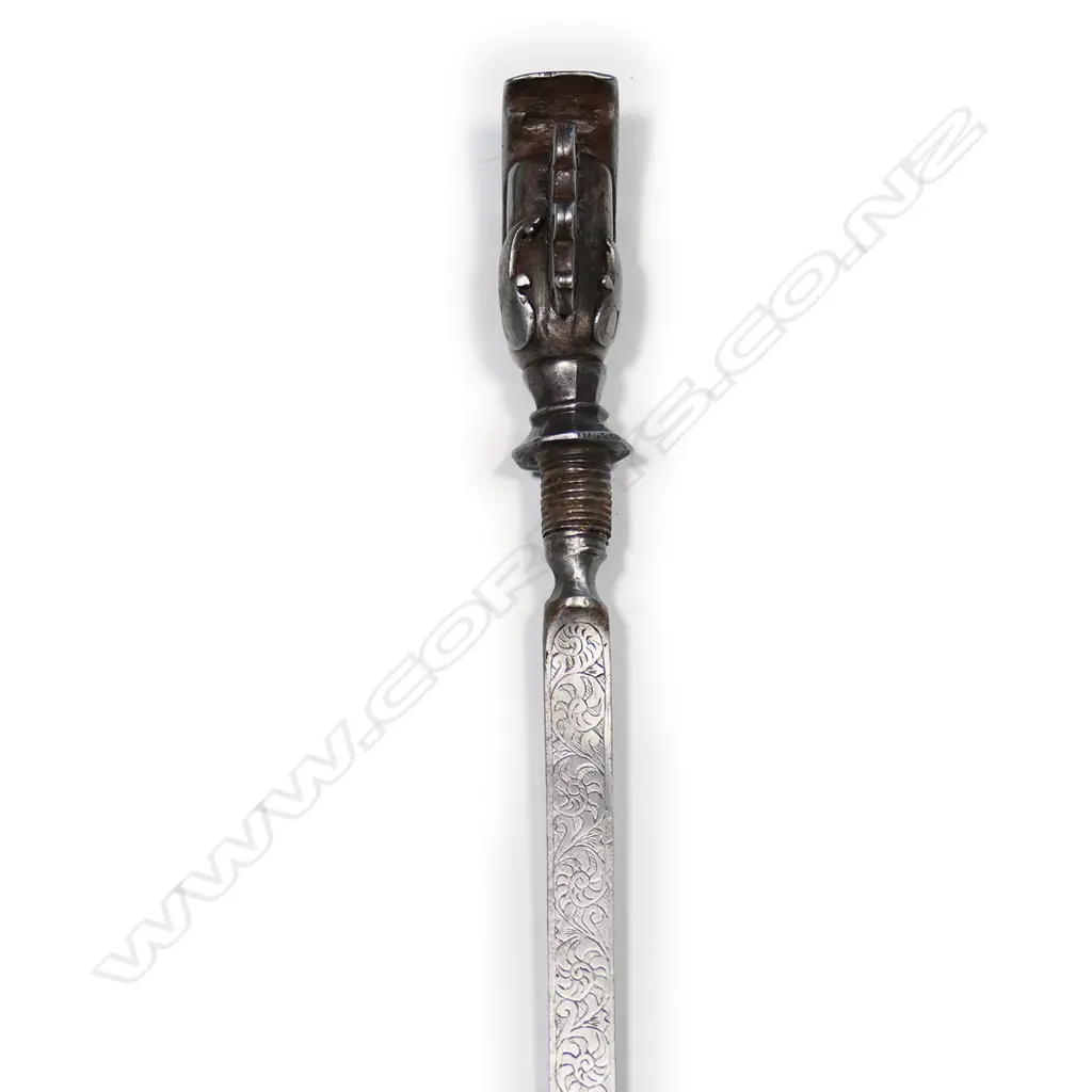 A heavy Indo-Persian battle axe (tabar), the crescent shape blade with inlaid inscriptions, hammer-head poll; Image 1++