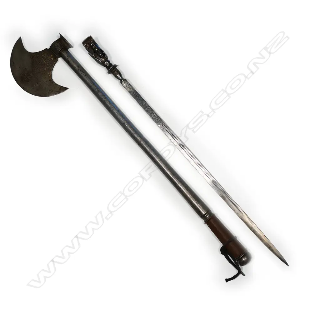 A heavy Indo-Persian battle axe (tabar), the crescent shape blade with inlaid inscriptions, hammer-head poll; Image 1++