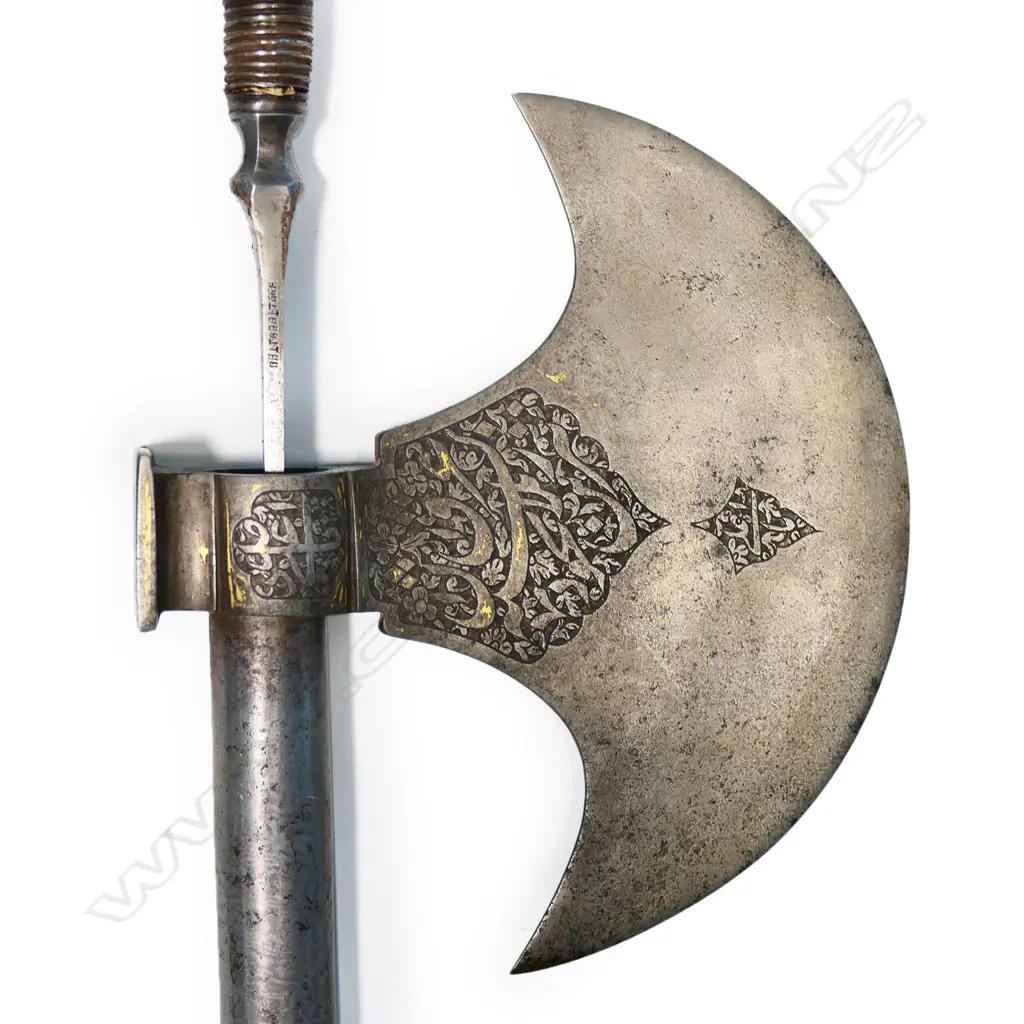 A heavy Indo-Persian battle axe (tabar), the crescent shape blade with inlaid inscriptions, hammer-head poll; Image 1++