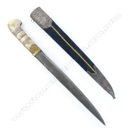 An Indo-Persian kard dagger, the single edged blade with T-back and gilt highlights,